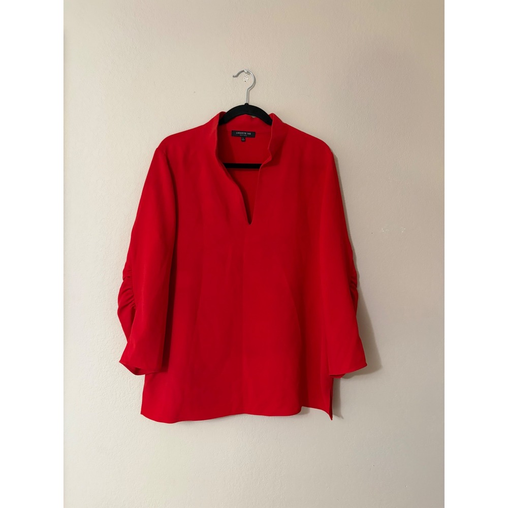 Lafayette 148 New York Red V-Neck Ruched Sleeve Blouse Tunic Size L